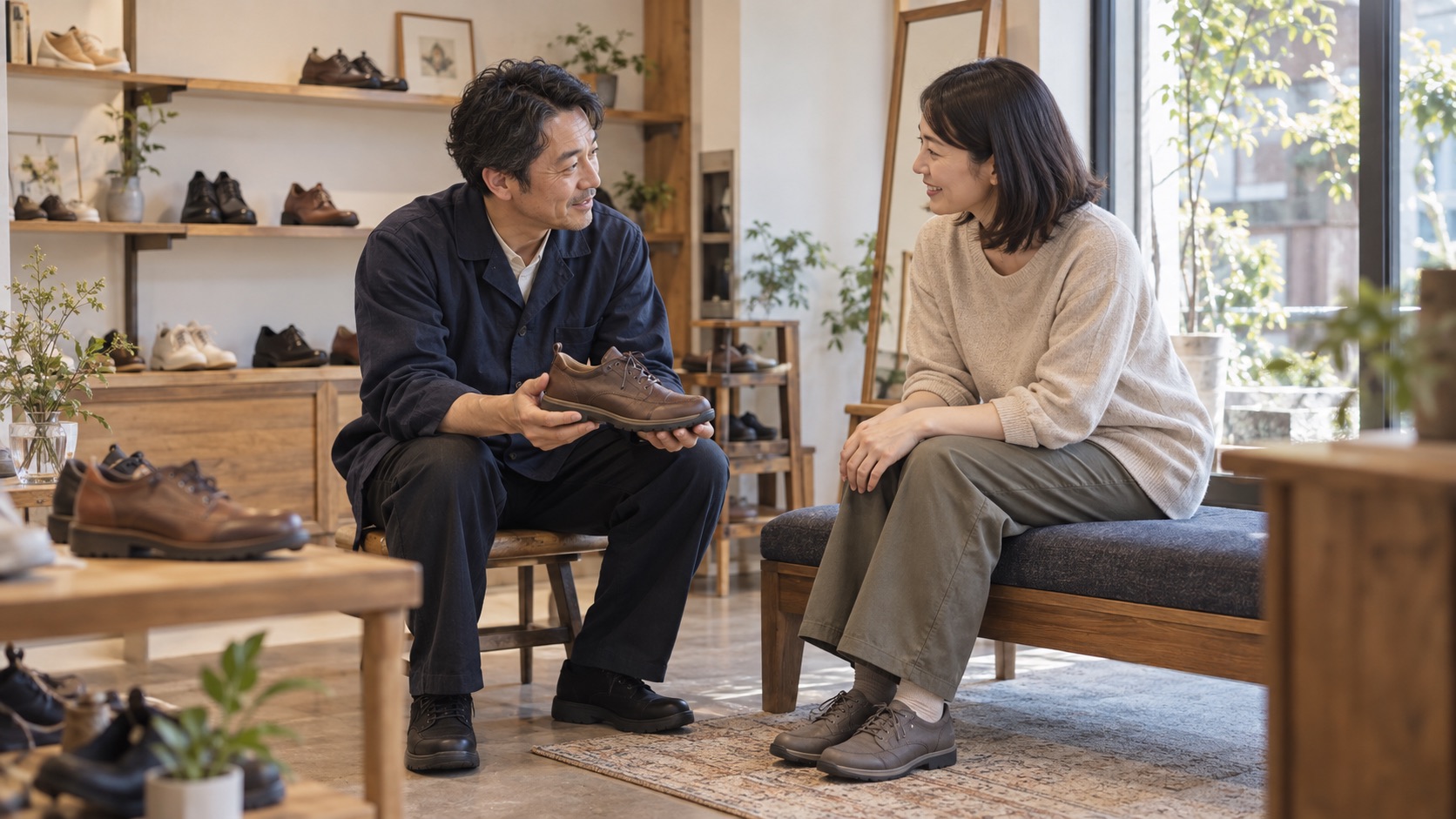 靴店で店員がお客様の話を聞きながら靴を提案する場面の生成イメージ