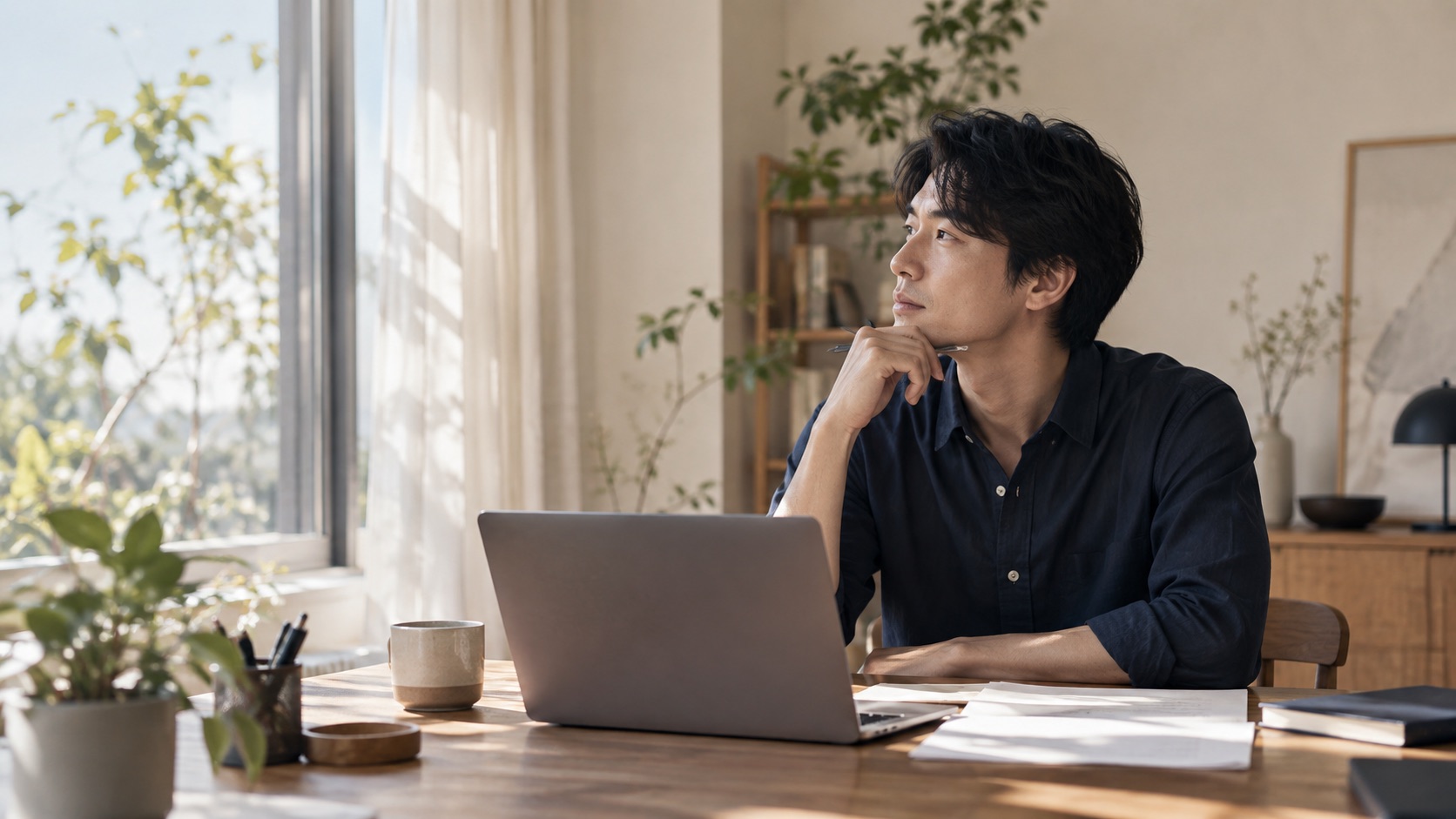 ノートPCの前で事業の目的を考える人物のコンセプトイメージ(生成画像)